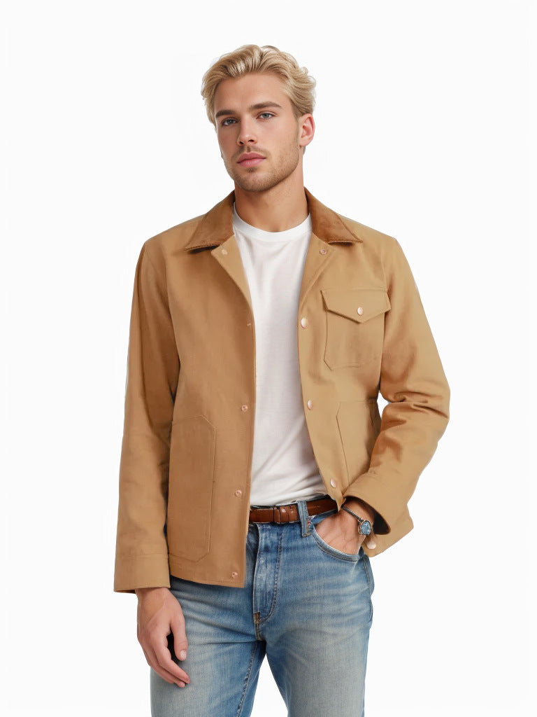 Herr robust canvas chore jacka med cord krage och applicerade utanpåfickor