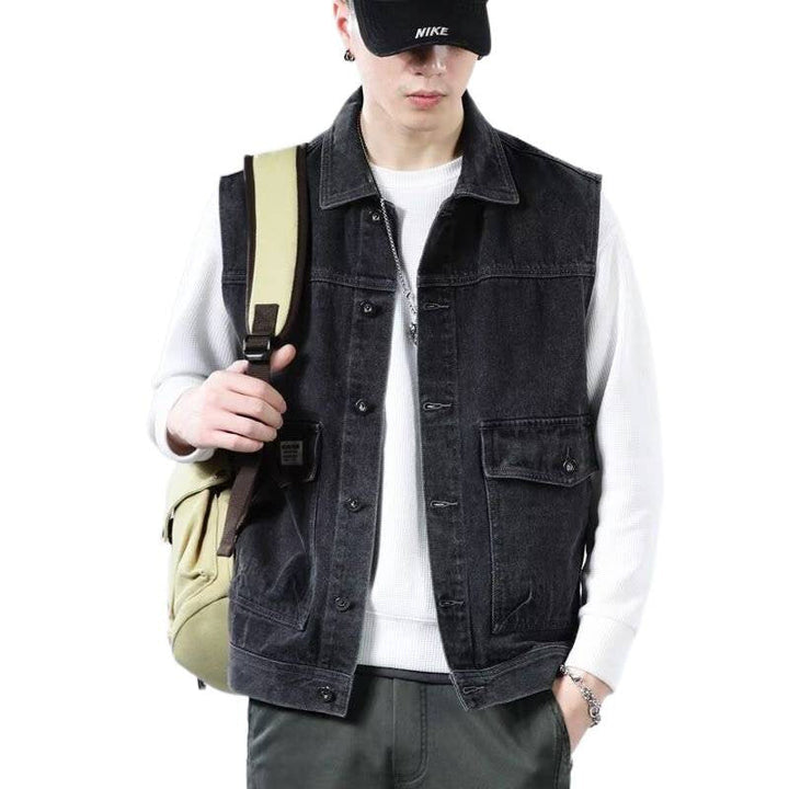 Herr Sleeveless Jeans Work Väst med Lock Fickor och Boxy Passform