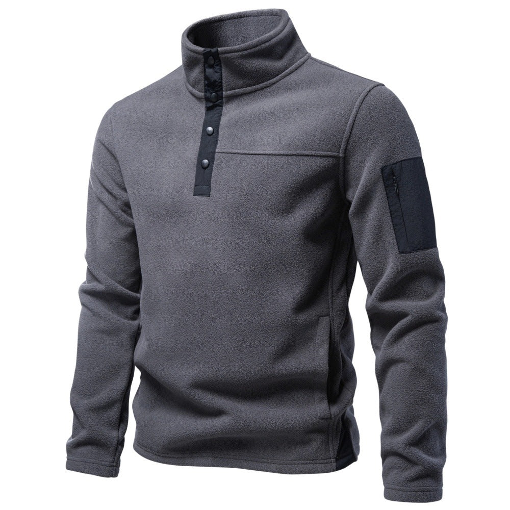 Herr Fleece Pullover med Ståkrage, Tryckknappsslå, och Ärmficka