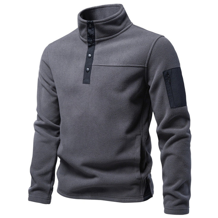 Herr Fleece Pullover med Ståkrage, Tryckknappsslå, och Ärmficka