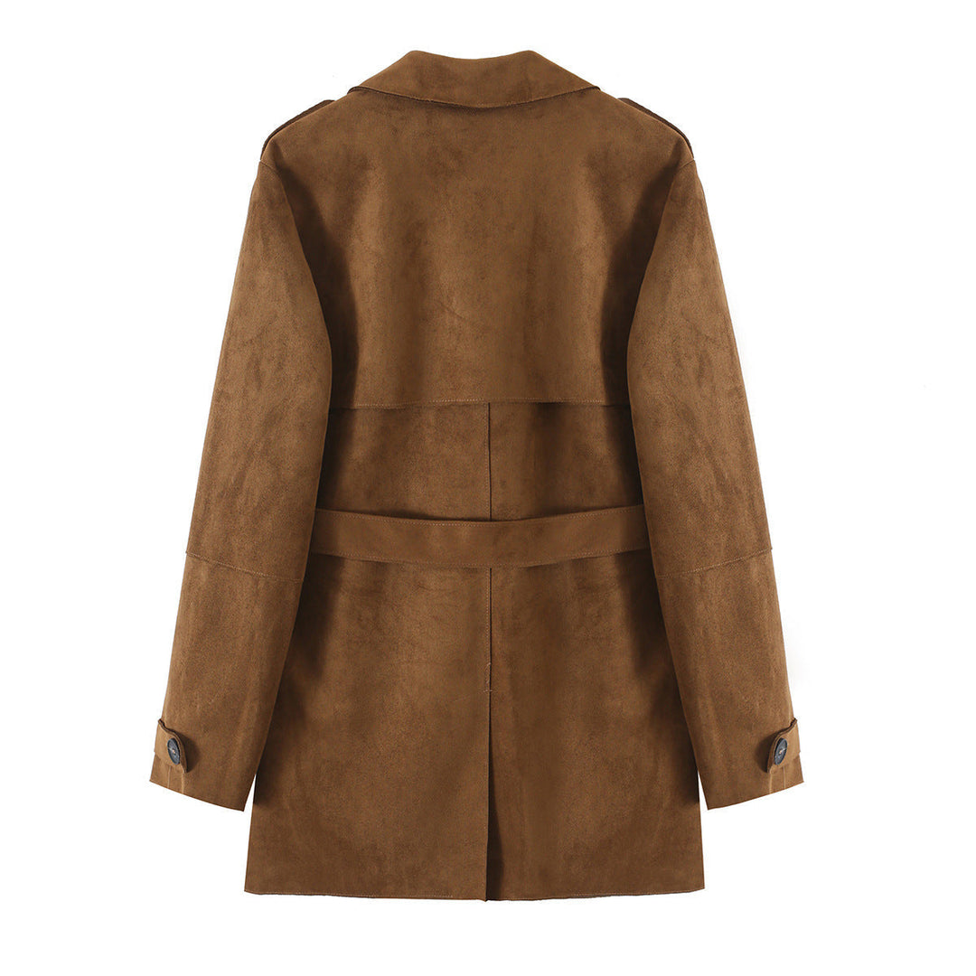 Dam Kort Trenchcoat Tillverkad av Syntetisk Suede med A Waist Belt och Double-Knapp Knäppning