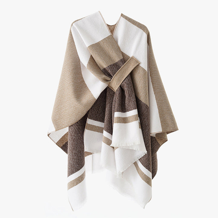 Dam oversized capeponcho tillverkad av ullblandning med tie loop och randig border