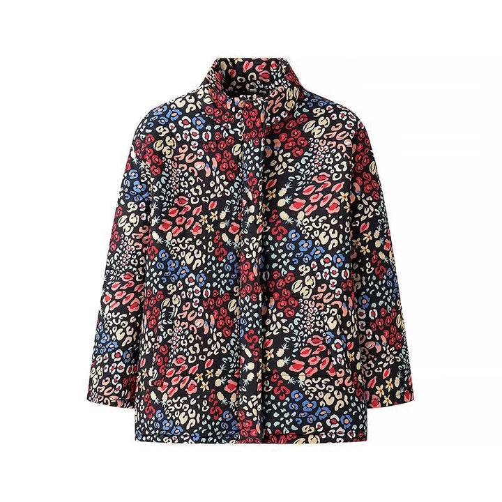 Dam lätt kviltad kort jacka med ståkrage, Boxy silhuett och Colorful Animal-blommig tryck