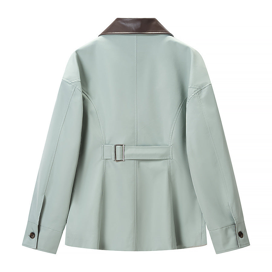 Dam Kort Läderlook Blouson Jacka med Contrast Krage och Dragkedja