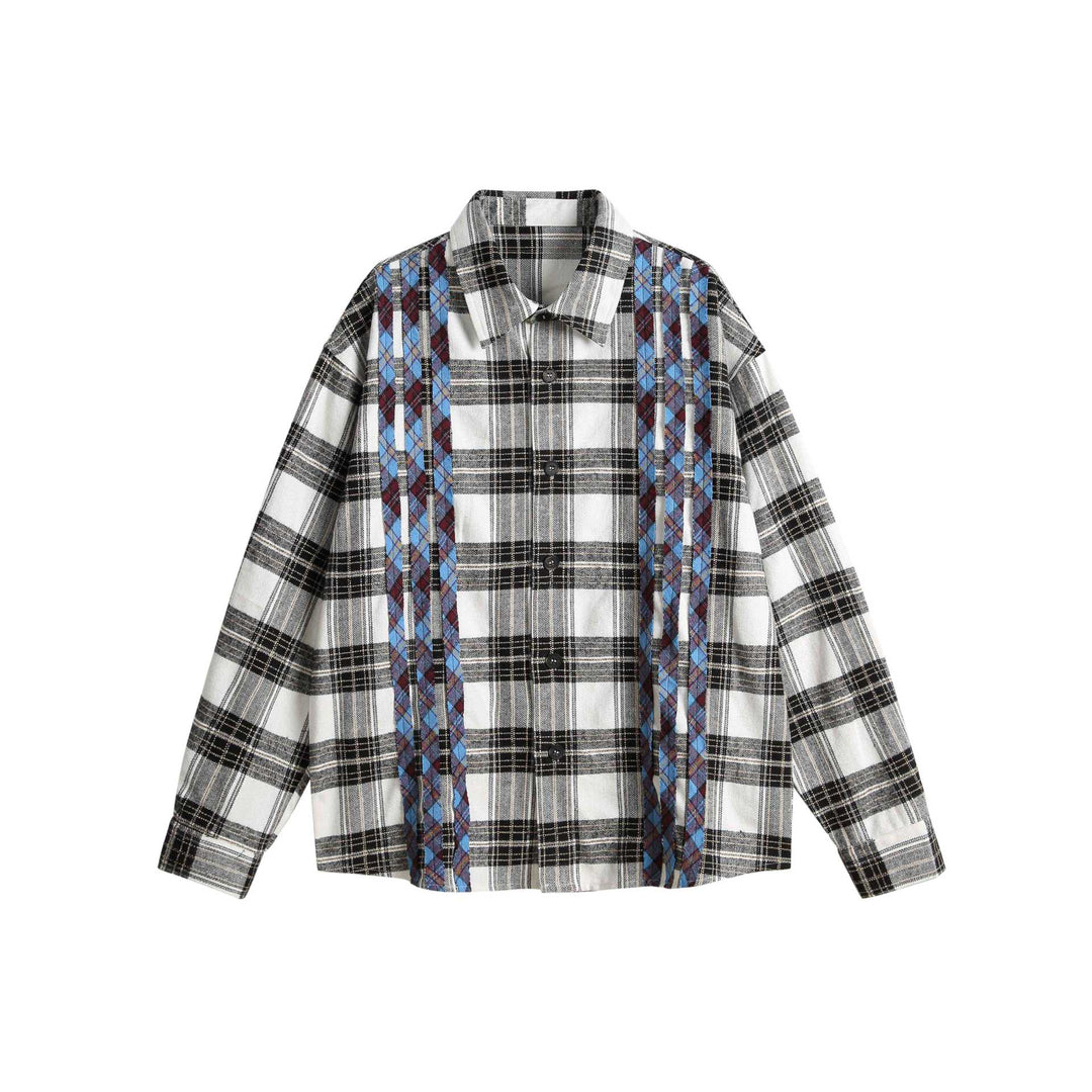 Unisex Oversized Skjorta Jacka i Check Mix med Vertical Argyle Embroidery