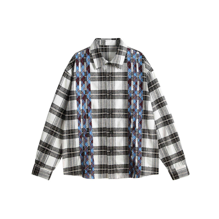Unisex Oversized Skjorta Jacka i Check Mix med Vertical Argyle Embroidery