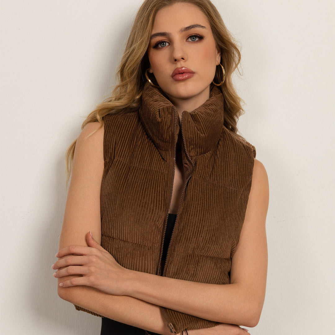 Dam non-vadderad manchester boxy väst med voluminous ståkrage och adjustable drawstring fåll