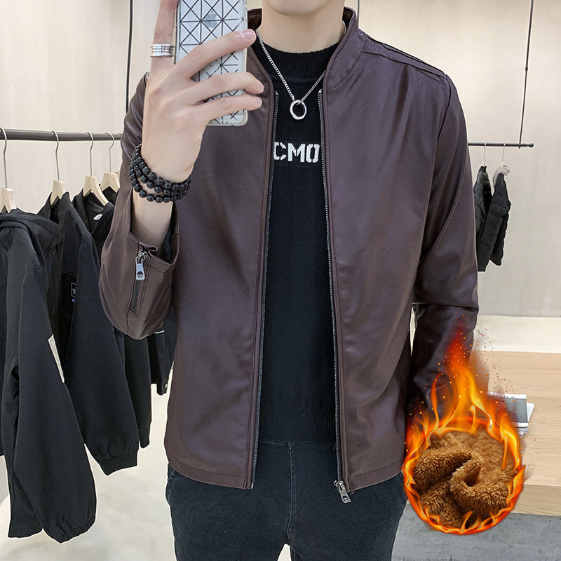 Herr Slim-Fit Konstläder Flight Jacka med Minimalistisk Ståkrage och Dold Zip Knapplist