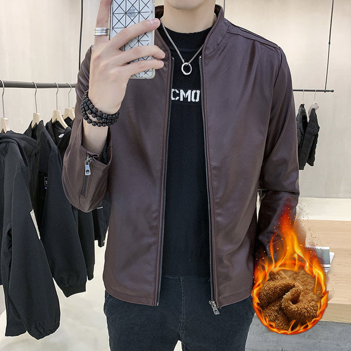 Herr Slim-Fit Konstläder Flight Jacka med Minimalistisk Ståkrage och Dold Zip Knapplist