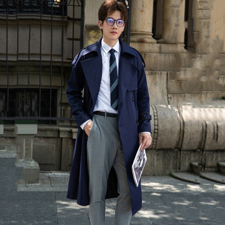 Herr Elegant Lång Trench Kappa med Tie Bälte och Bak Yoke