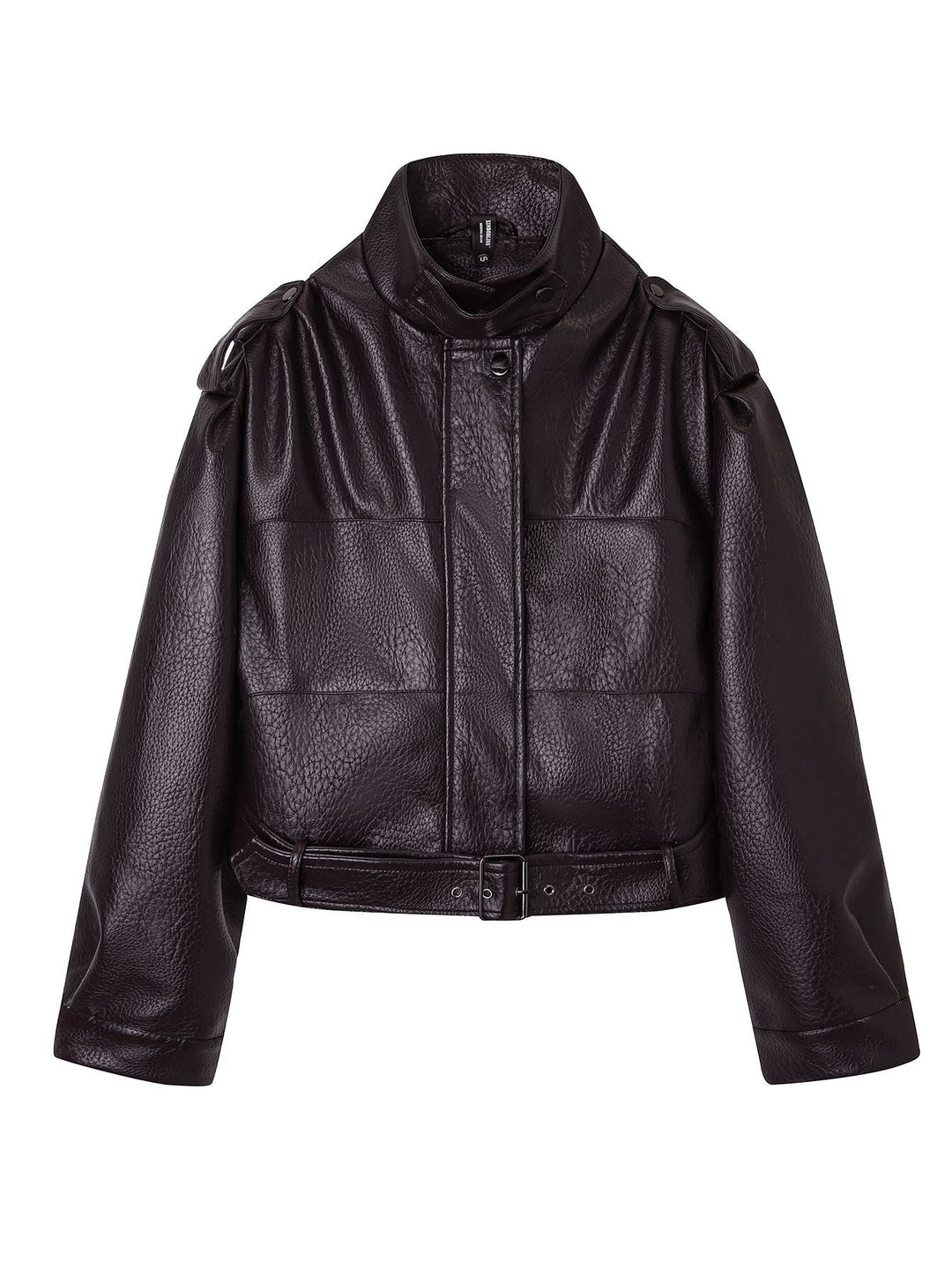 Dam kort jacka in utility look gjord structured konstläder med hög ståkrage och justerbar midjebälte