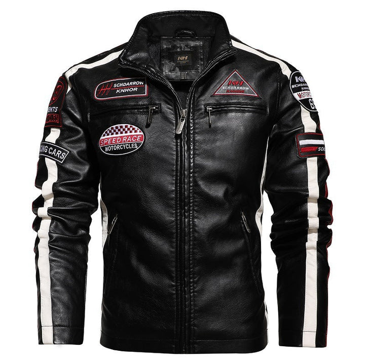 Herr Racing-Style Konstläder Jacka med Patches, Kontrast Ränder och Stående Krage