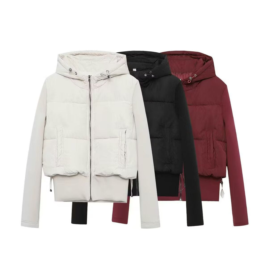 Dam Kort-Skärning Hybrid Quiltad Jacka med Huva, Midjedragsko och Elastic Ärmar