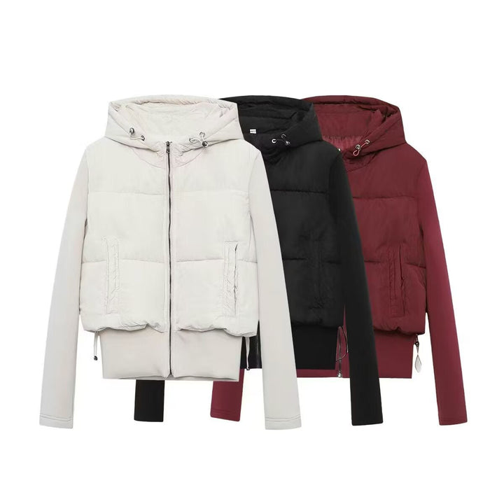 Dam Kort-Skärning Hybrid Quiltad Jacka med Huva, Midjedragsko och Elastic Ärmar
