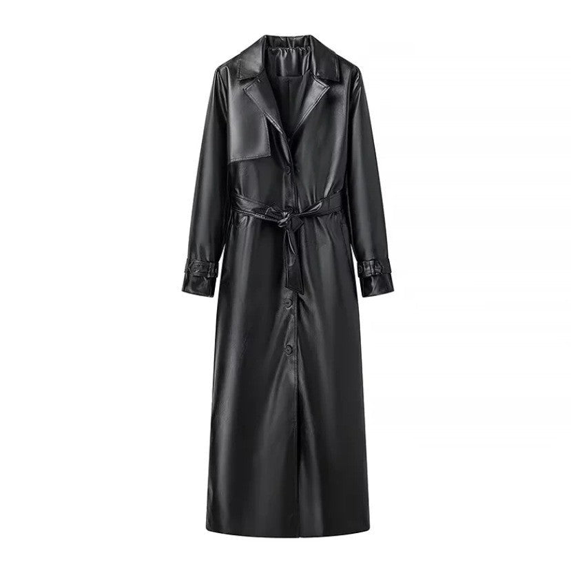 Dam 100+ Lång Oversize Faux Läder Trenchcoat med Waist Belt och Wide Lapels