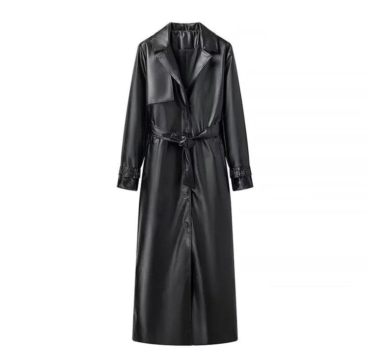 Dam 100+ Lång Oversize Faux Läder Trenchcoat med Waist Belt och Wide Lapels