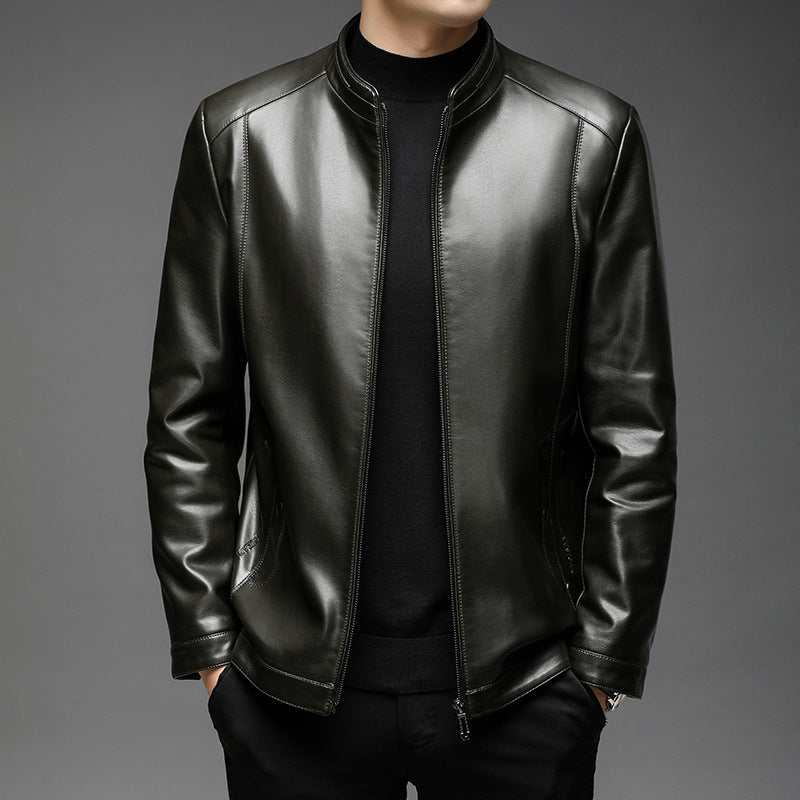 Herr Minimalistic Läder Look Övergångs Jacka med Ståkrage och Tvåvägsdragkedja
