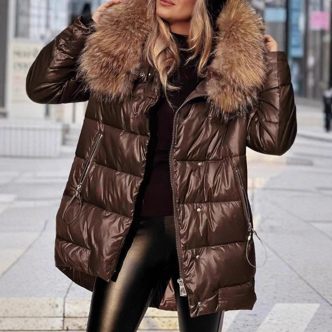 Dam Vinter Down Jacka med Removable Huva och Luxurious Fur Krage