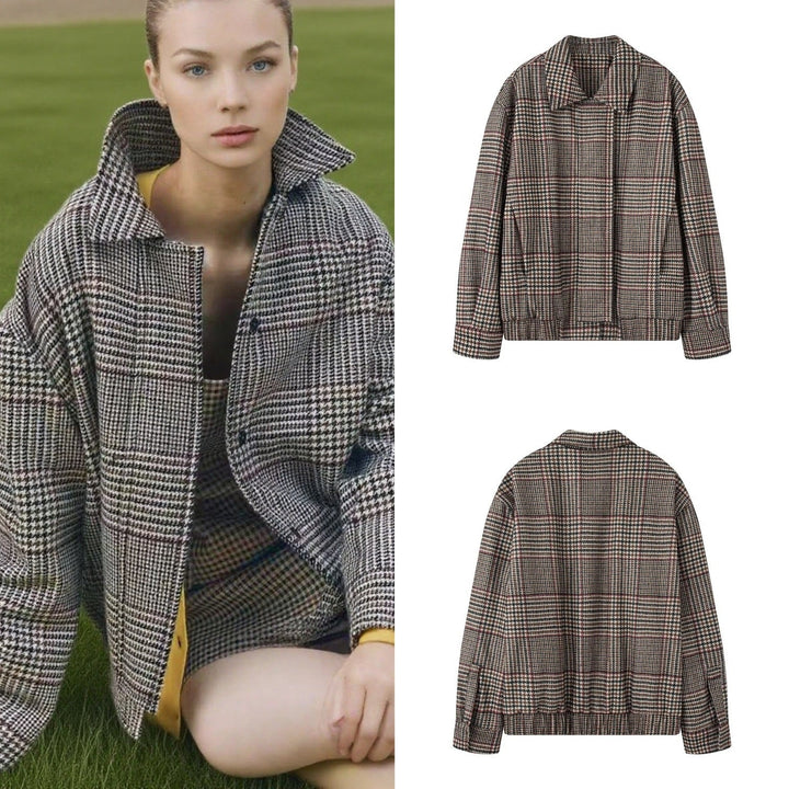 Dam Oversized Kort Jacka i Houndstooth Mönster med Ståkrage och Elastic Fåll