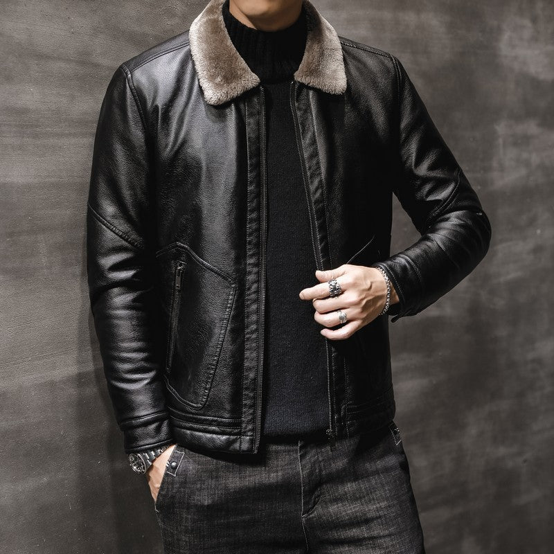 Herr Leather-Look Pilot Jacka med Teddy Krage och Dold Zip