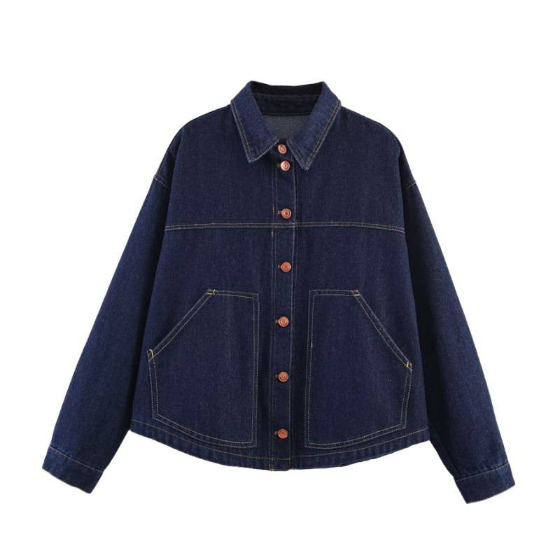 Dam Oversized Denim Jacka med Boxig Kort Skärning, Utanpåfickor och Contrast Stitching