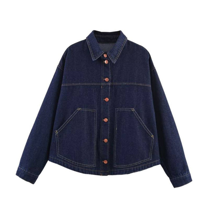 Dam Oversized Denim Jacka med Boxig Kort Skärning, Utanpåfickor och Contrast Stitching