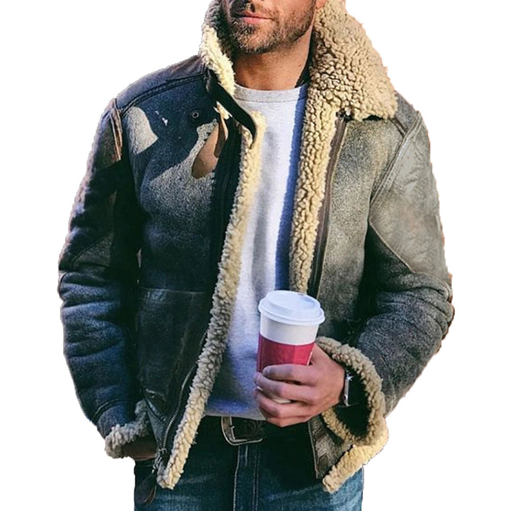 Herr Short Jacka i Vintage Shearling Stil med Dragkedja och Teddyfoder