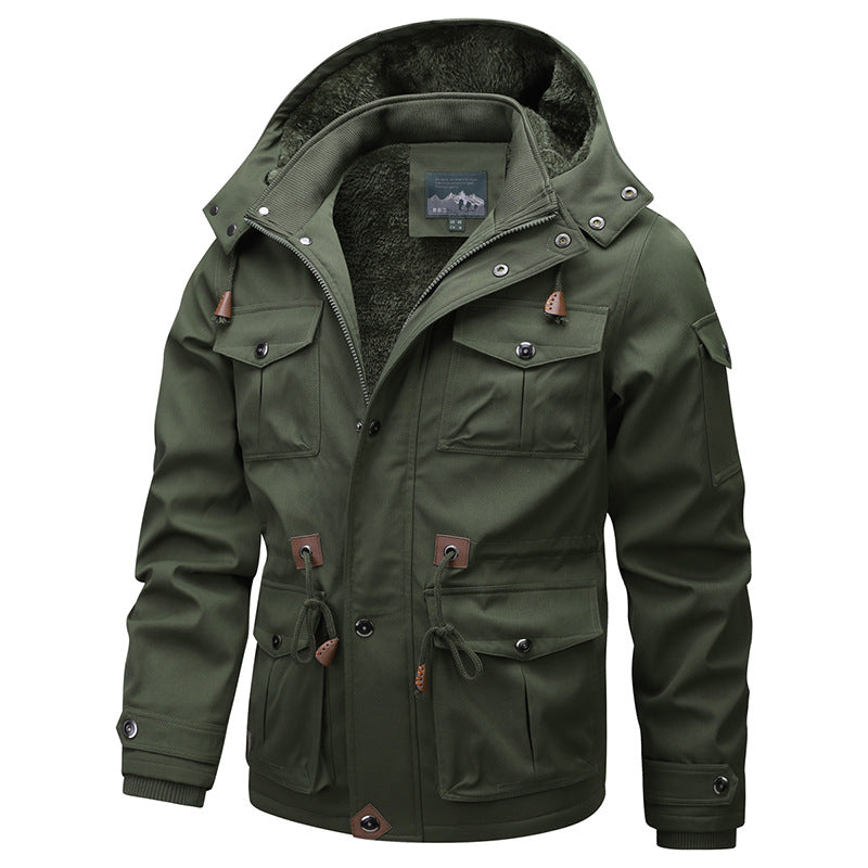 Herr Military-Inspired Canvas Parka med Teddy Fleecefoder och Justerbar Midja Dragsko