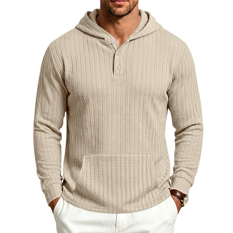 Herr med Huva Henley Pullover med Cable Stickad Structure, Känguruficka och Ribbstickade Muddar