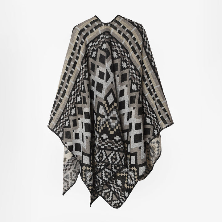 Dam stor-area Jacquard capeponcho med geometric-ethnic mönster och boxy silhuett