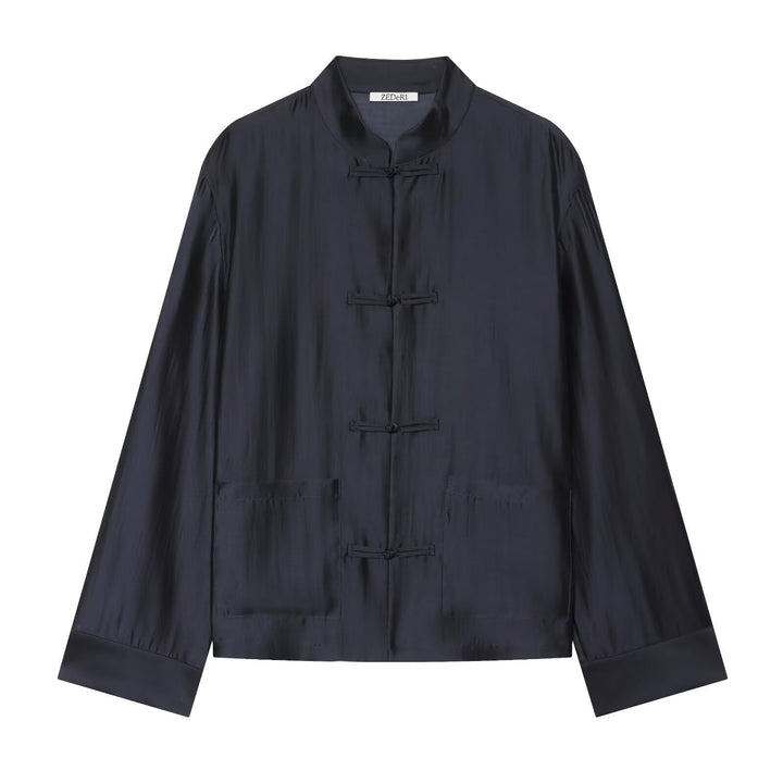 Dam Mandarin Krage Jacka med Chinese Knot Fastenings och Patch Fickor