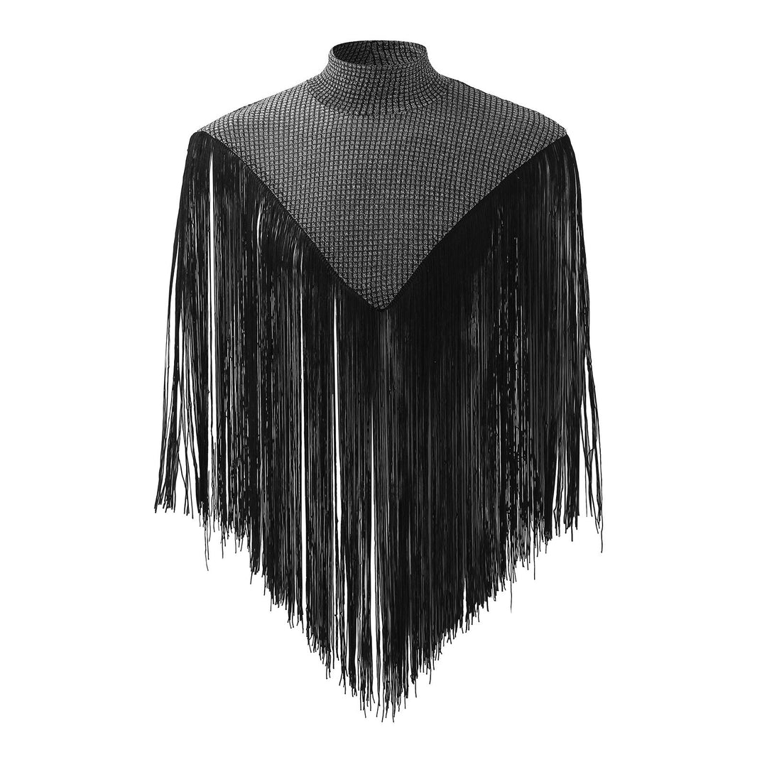 Dam Lång Fringed Cape med Turtleneck och V-Shaped Insert