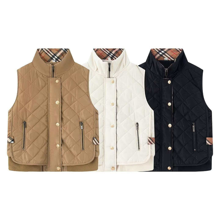 Dam kviltad ärmlös Bodywarmer med ståkrage, dragkedja, Snap knappslå och Ribbed fåll