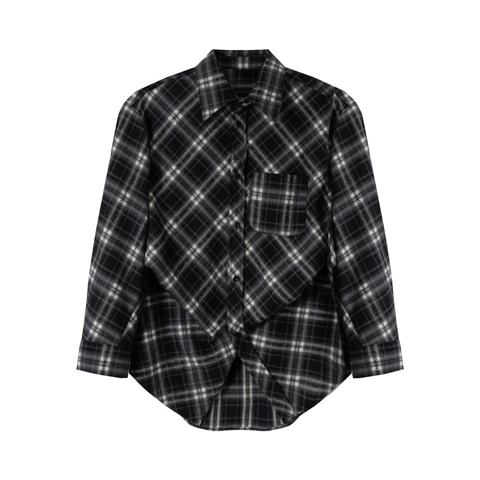 Unisex Rutig Oversized Flanell Skjorta Jacka i Layering Look med Rounded Fåll och Bröstficka
