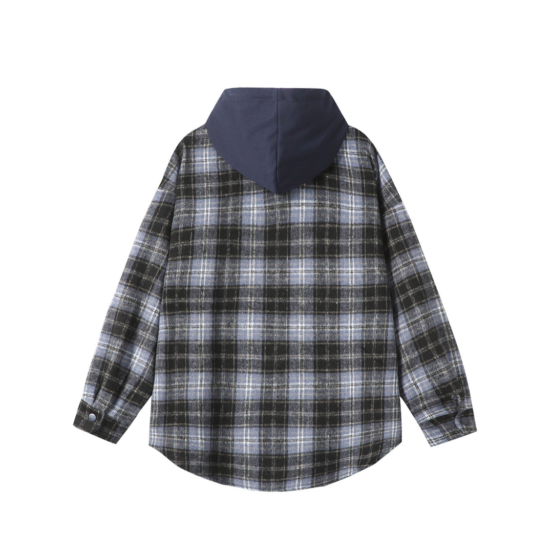Unisex Oversized Check Skjorta Jacka med Huva, Tryckknapp Knappar och Bröstficka