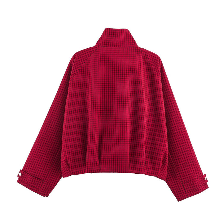 Dam Kort Blouson Jacka med Hög Stå Krage, Rutig Vävd Structure och Elastic Finish