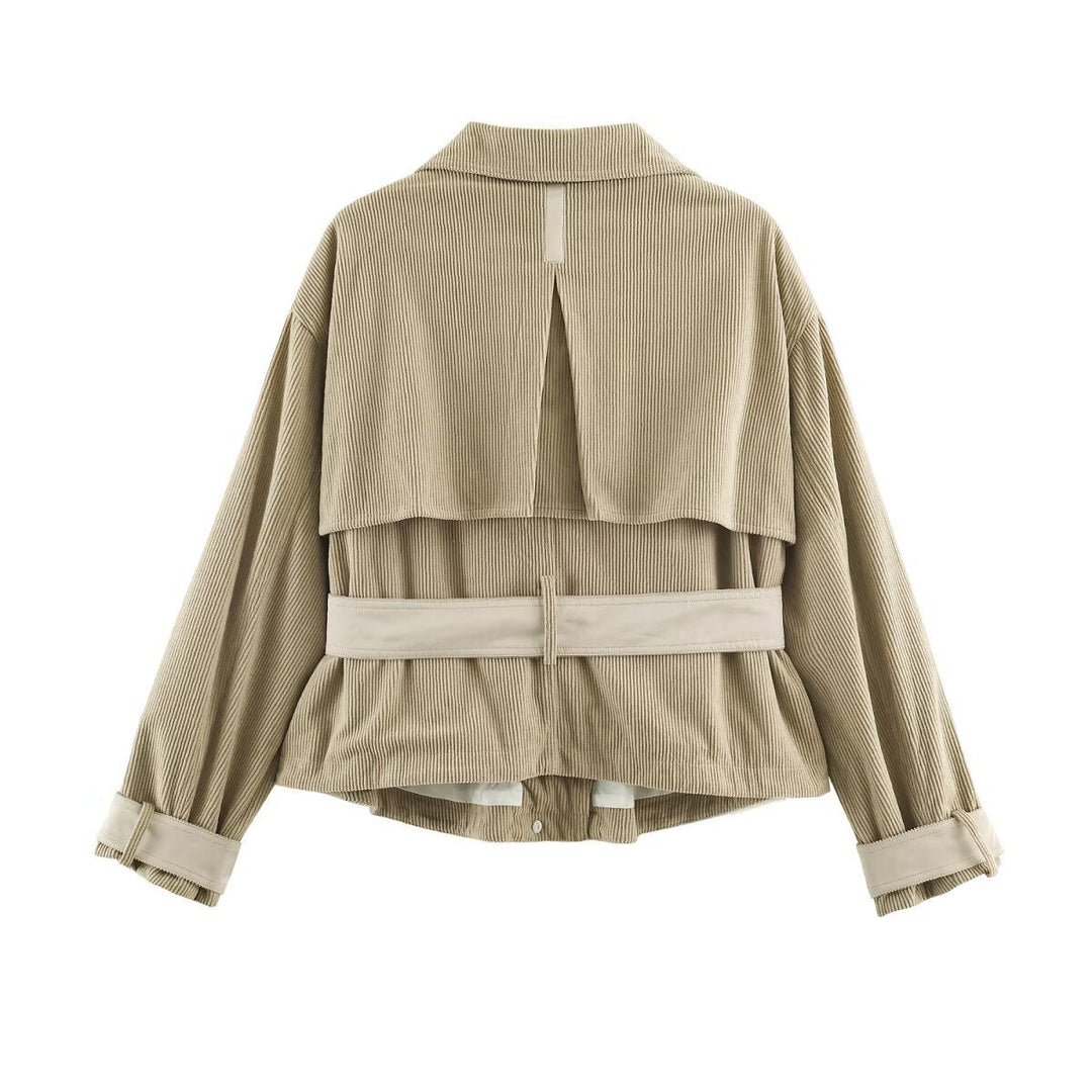 Dam Cord Jacka Tillverkad av Cord med A Waist Belt och Tryckknapp Fasteners