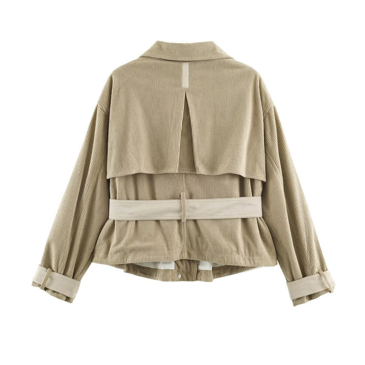 Dam Cord Jacka Tillverkad av Cord med A Waist Belt och Tryckknapp Fasteners