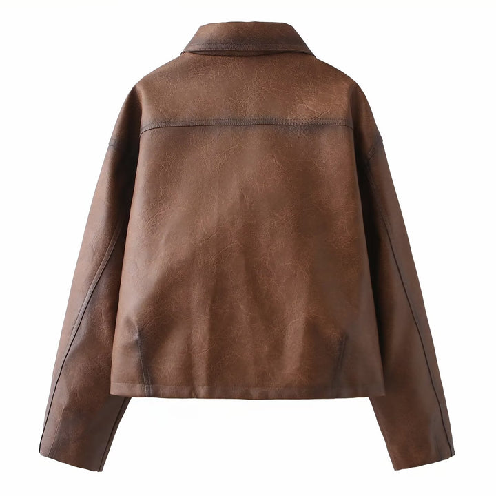 Dam Kort Oversized Konstläder Jacka med Skjortkrage och Lockfickor