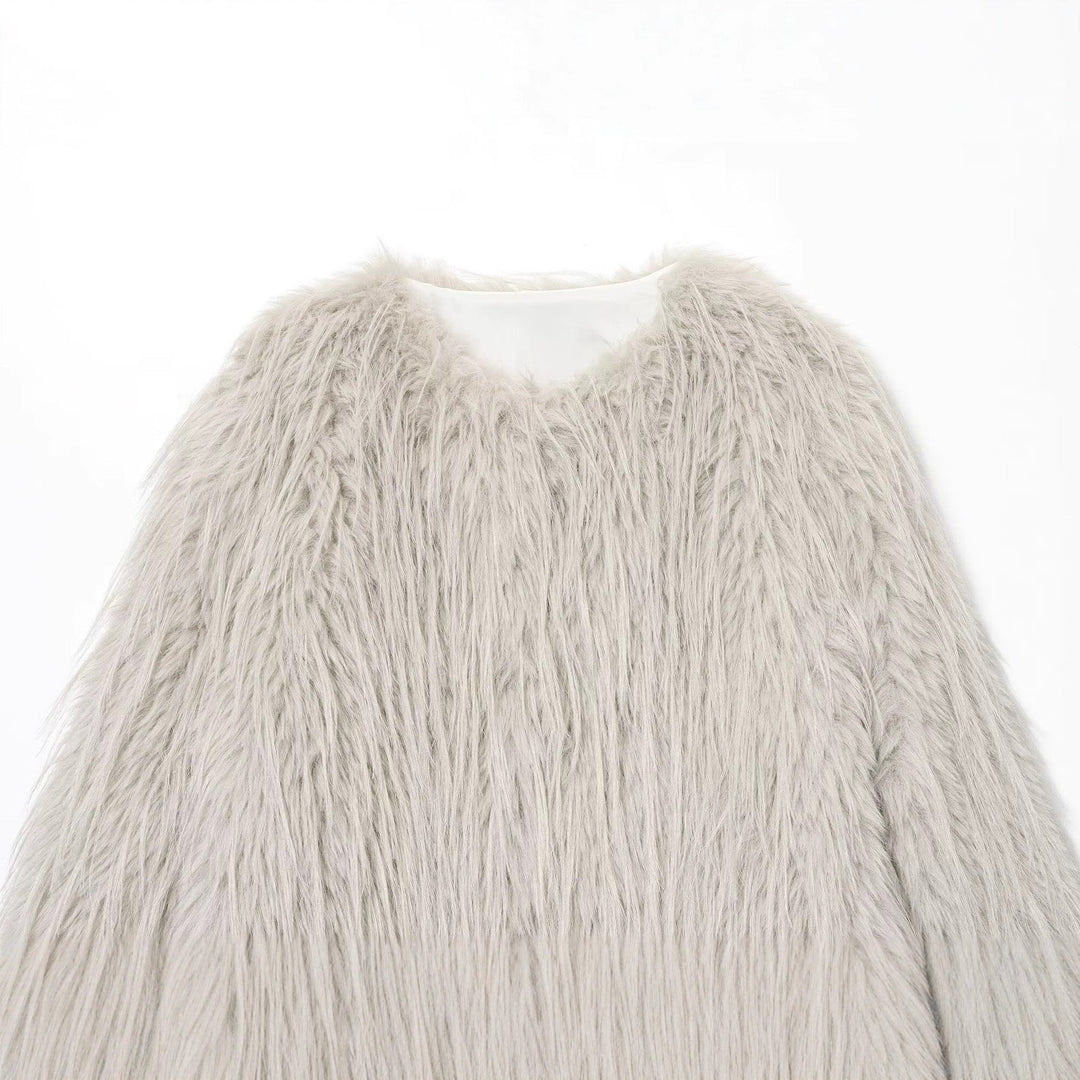 Dam Konstpäls Kappa med Lång Shaggy Fur och Round Neckline