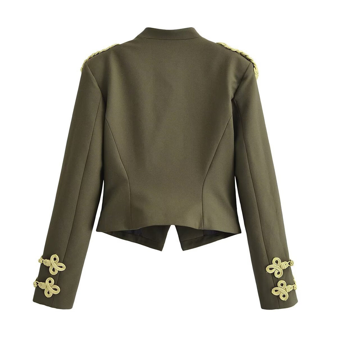 Dam Fitted Military Kort Jacka med Stå Krage, Epaulettes, och Adorned Dekorativ Knots