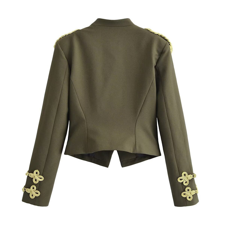 Dam Fitted Military Kort Jacka med Stå Krage, Epaulettes, och Adorned Dekorativ Knots