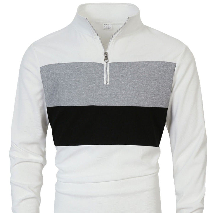 Herr Halv Dragkedja Pullover med Ståkrage, Bred Block Rand, och Finely Ribbad Texture