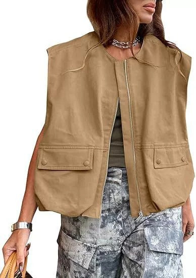 Dam ärmlös utilitarian väst med dragkedja och flap fickor