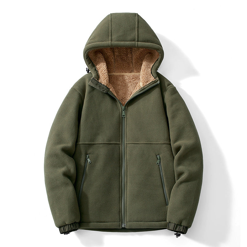 Herr Fleece Jacka med Huva med Teddy Foder, Zippered Fickor, och Adjustable Fåll