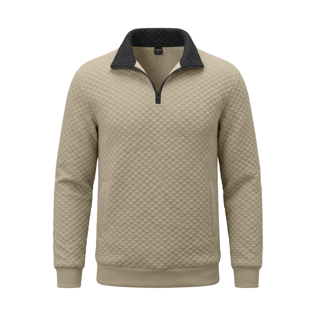 Herr Quiltad Pullover med Troyer Krage och Halv Dragkedja