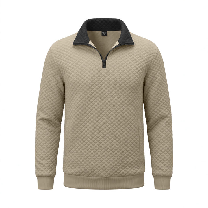 Herr Quiltad Pullover med Troyer Krage och Halv Dragkedja