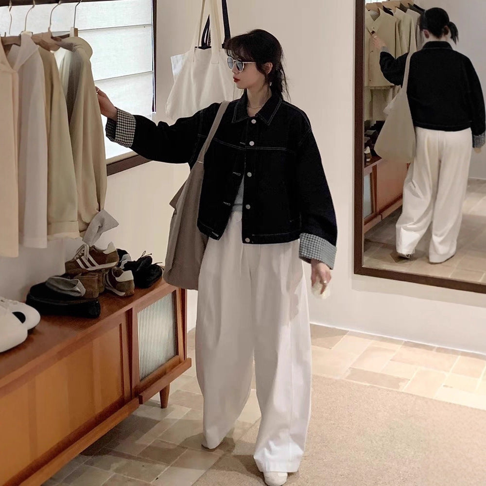 Dam oversize denimjacka med kontrasterande rutig foder och mudd Roll