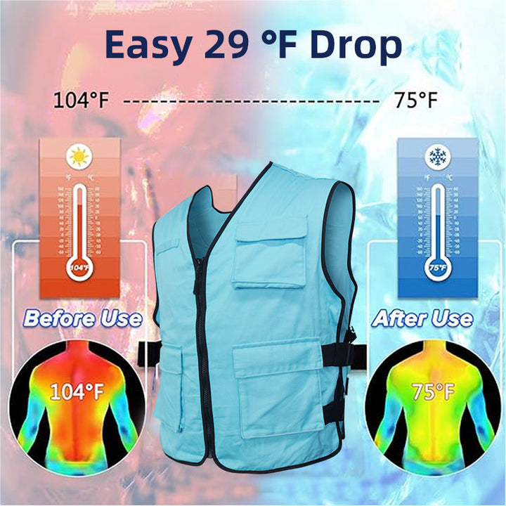 Unisex kylväst med reusable gel cooling inserts, adjustable side buckles, och multiple fickor