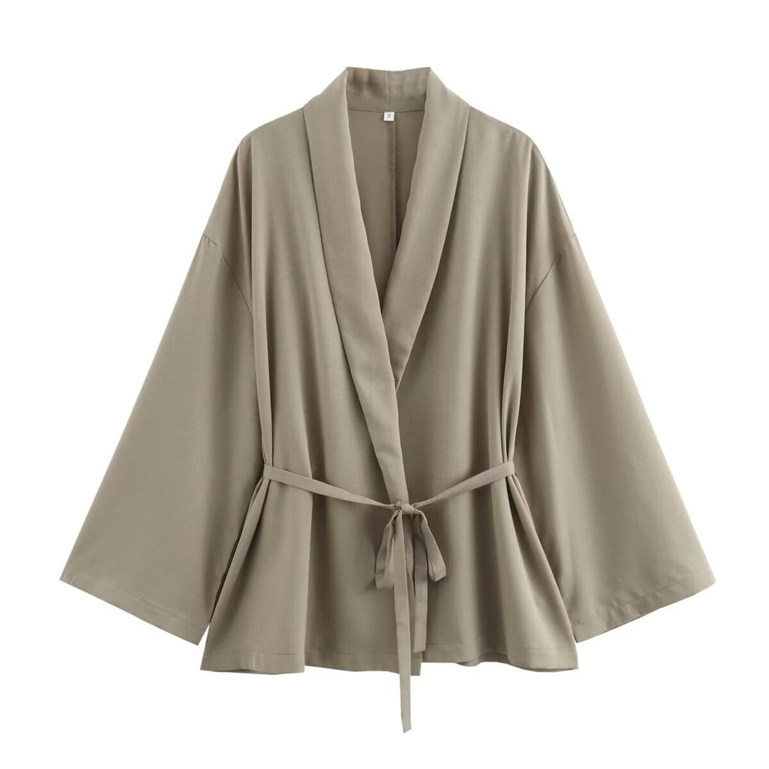 Dam Kimono Jacka med Wrap Belt, Loose Passform och Shawl Krage